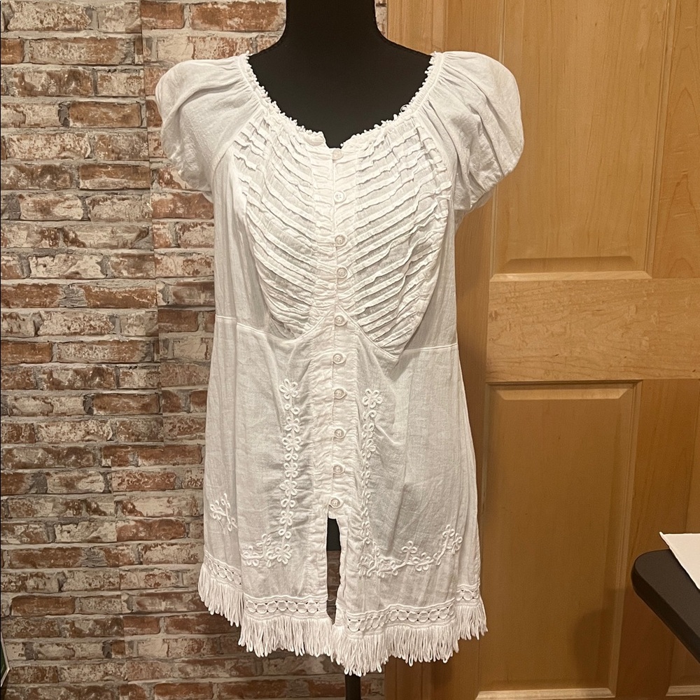 Giocam Women’s White Boho Fringe Hem 100% Cotton Romantic Coastal Cowgirl Top XL